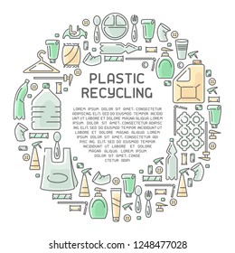 Plastic garbage info placard with sample text. Contour and fill style vector illustration