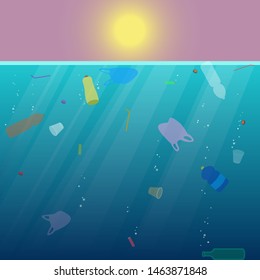 Plastic garbage in the ocean.  Environmental pollution. Global ecological problem. Vector illustration.