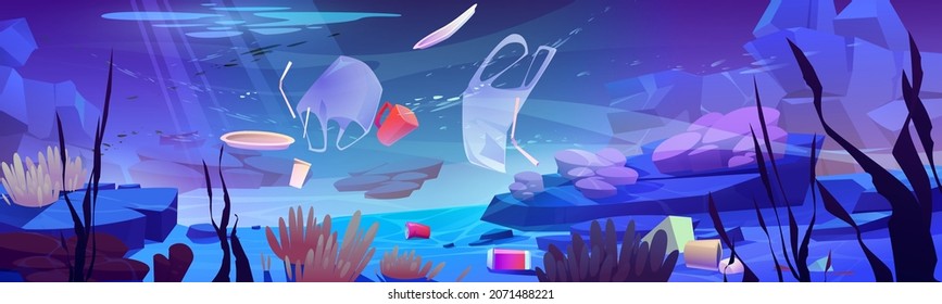 Plastic garbage on ocean bottom. Sea floor with different kinds of trash. Package wastes, bags, bottles floating in water. Ecology protection, underwater pollution concept, Cartoon vector illustration