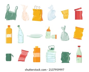 Plastic garbage pollution, bags, bottles, disposable tableware and package. Sorting junk and recycle plastic waste. Cartoon trash vector set. Rumpled, broken containers, environmental problem