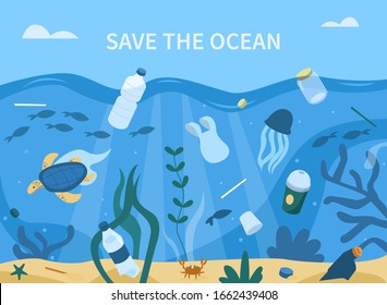 Plastic Garbage in Sea. Plastic Bottles, Straws, Cups and other Trash Pollute the Water. Animals Swimming near Waste. Ocean Plastic Pollution Concept. Flat Cartoon Vector Illustration.