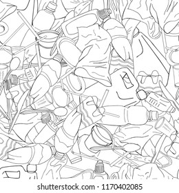 Plastic garbage seamless pattern black outline isolated on white background. The problems with chemical wastes disposal. Vector illustration.The concept of ecology and the World Cleanup Day