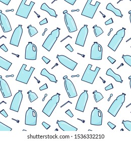 Plastic garbage simless pattern bakground. Plastic garbage, bottle, cutlery, plastic conteners, straws, cutlery, disposable dish. Vector illustration in doodle style. Plastic pollution concept