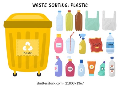 Plastic garbage sorting set. Yellow trash can for plastic waste with bottles and packages. Separating and recycling objects collection. Vector illustration