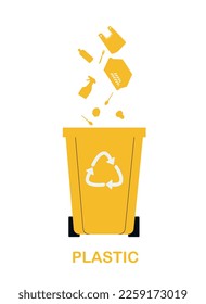 Plastic garbage sorting. Yellow container for plastic waste. Packages, bottles and dishes. Caring for environment, nature and atmosphere, zero waste lifestyle. Cartoon flat vector illustration