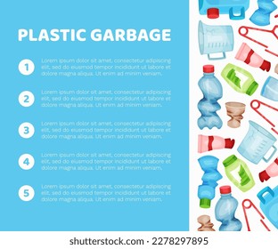 Diseño de banderas de basura plástica y basura con plantilla de vectores de botellas y objetos