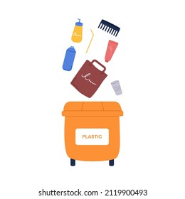 Basura de plástico, desperdicio en un contenedor de basura naranja. Basura para bolsas, botellas, paquetes. Basura de reciclaje ecológico. Ilustración vectorial plana aislada en fondo blanco