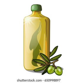 Plastic or glass bottle with a cap filled with olive oil isolated on white background. Vector cartoon close-up illustration.
