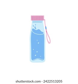 Frasco de plástico o vidrio lleno de agua limpia con cubierta rosa y mango de encaje. Ilustración plana vectorial del matraz de agua pura. Bebida mineral para beber aislada de fondo blanco