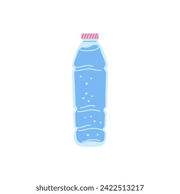 Plastikflasche oder Glasflasche mit sauberem Wasser mit rosafarbenem Deckel. Vektorflache Illustration von Glaskolben aus reinem Wasser. Mineralische Getränke für Getränke einzeln auf weißem Hintergrund