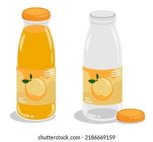 Plastic or glass bottle with orange juice. Full and empty bottle with cap and label. Cartoon vector isolated on white background