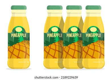 Plastic or glass bottle with pineapple cocktail. Bottle of pineapple juice with cap and label. Flat cartoon vector isolated on white background