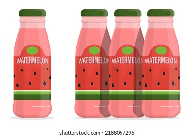 Plastic or glass bottle with watermelon cocktail. Bottle of watermelon juice with cap and label. Flat cartoon vector isolated on white background