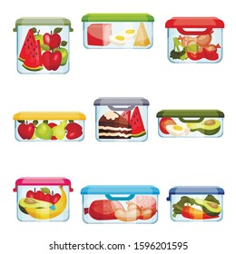 Plastic and Glass Containers with Different Food Stored Inside Vector Set