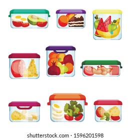 Plastic and Glass Containers with Different Food Stored Inside Vector Set