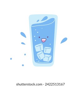 Vaso de plástico o vidrio lleno de agua limpia con cara sonriente. Ilustración vectorial plana de vidrio de agua pura o bebida mineral con cubos de hielo y salpicaduras. La caricatura bebe un emoji feliz aislado en blanco