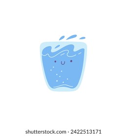 Vaso de plástico o vidrio lleno de agua limpia con cara sonriente. Ilustración vectorial plana de vidrio de agua pura o bebida mineral con burbujas y salpicaduras. La caricatura bebe la taza feliz emoji aislado