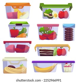 Plastic or glass food containers set, flat vector illustration isolated on white background. Food storage in transparent box with lead. Lunch boxes with fruits, vegetables, meats and pastry.