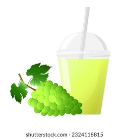 Plastic glass of grape juice and bunch of green grapes isolated on white background. For labels, menus, poster, print, or packaging design. Vector illustration.