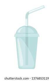 Plastic glass icon with drinking straw in flat style isolated on white background. Vector illustration.
