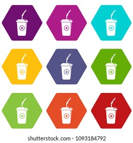Plastic glass juice icons 9 set coloful isolated on white for web