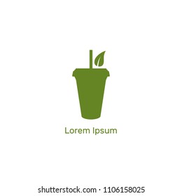 Plastic glass with juice, straw, leaf, logo, icon, print, green, vector illustration, flat silhouette