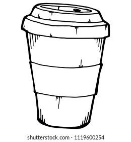 Plastic glass with a lid for tea or coffee. Vector of a paper glass for tea or coffee with an empty space for logo or text. Hand drawn glass of tea or coffee.