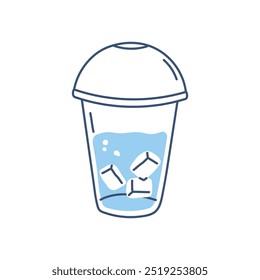 Plastic glass with lid, transparent plastic cup with straw, clean cold fresh aqua in doodle style, take away cup, mineral drink in takeaway plastic cup, water with ice cubes flat vector illustration.