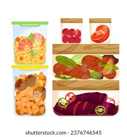 Plastic or glass lunch food storage containers set vector illustration. Cartoon isolated boxes with lids and cooked meals left over from dinner, holiday feast, pack with hermetic cover for picnic