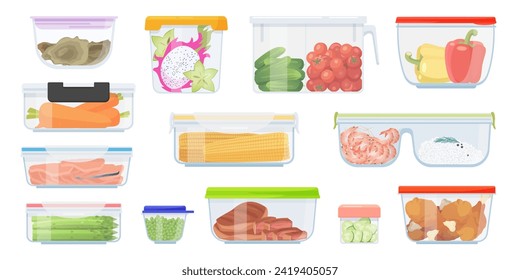 Plastic or glass lunch food storage containers set. Cooked meat and fish, fresh vegetable and fruit pieces for picnic, different prepared dinner leftovers collection cartoon vector illustration