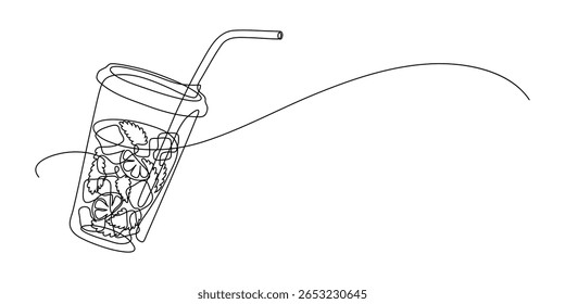 Plastic glass of mojito, or cocktail with lime and mint. Summer beverage. Continuous line drawing.