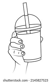 Plastic glass with straw in hand sketch illustration.