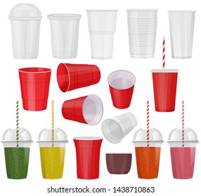 Plastic glass vector empty plastic-cup or blank coffee-cup mockup disposable drinks container for branding illustration realistic set of beverage takeaway isolated on white background