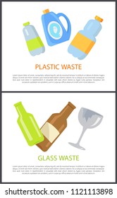 Plastic and glass waste set of colorful banners isolated on white images of different containers for liquids and bottles for beverages, text sample