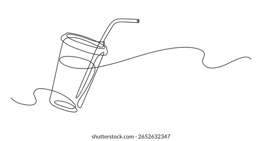 Plastic glass of water, or cocktail with straw. Summer beverage. Continuous line drawing.