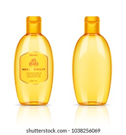 Plastic golden transparent bottle for body oil, shampoo, soap, gel, conditioner, balm, lotion, foam, cream on white background. Package design template.Body care theme.Vector 3d realistic illustration