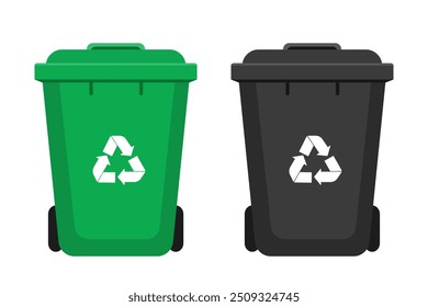  Plastic green and black trash cans illustration. Isolated on a white background. Vector illustration in flat style.