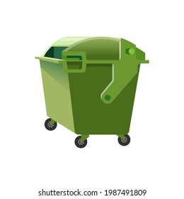 Plastic Green Rolling Trash Can Or Dumpster. Recycling Bin. Waste Container. Collection, Sorting And Disposal Of Garbage. Vector Illustration Isolated On White Background