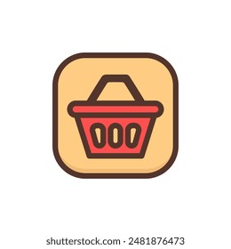 Plastic grocery cart with handle vector flat illustration. Icon red supermarket basket. Empty shopping basket isolated on white background. Simple sign for web site or mobile app