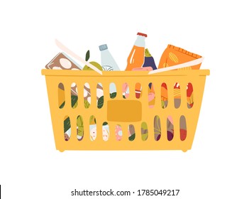 Plastic grocery cart with handles full of products vector flat illustration. Shopping basket with food, drink, bottle, fruit and vegetable isolated on white. Equipment from self-service shop