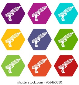 Plastic gun toy icon set many color hexahedron isolated on white vector illustration