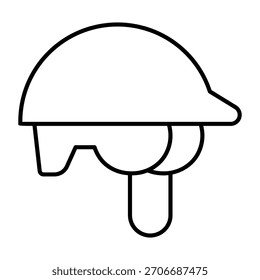 Casco de plástico con gafas y orejeras icono de línea delgada, concepto de ropa de trabajo. Gráficos de Vector. Casco para la cabeza, señal de seguridad sobre fondo blanco, icono de estilo de contorno de móvil o Diseño web