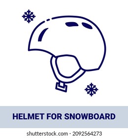 Plastic helmet for skiing and snowboarding outline icon with title. Collection of icons on the theme of winter sports and outdoor recreation. Vector monochrome illustrations isolated on white backgrou