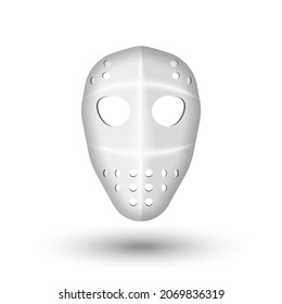 Plastic hockey full face mask isolated on white front view, 3d vector clipart photo horror mask.