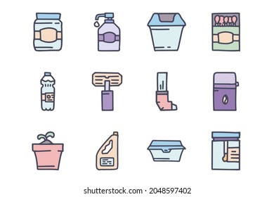 Plastic household items color vector doodle simple icon set