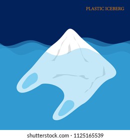 Plastic iceberg on the sea. Plastic pollution concept. vector illustration.
