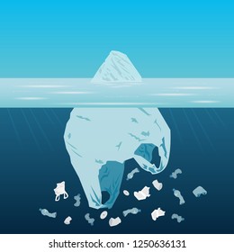 Contaminación por iceberg plástico, residuos plásticos en el océano, basura plástica en el agua, problemas ambientales o ecológicos de contaminación marina, basura en el mar, diseño plano, ilustración vectorial.