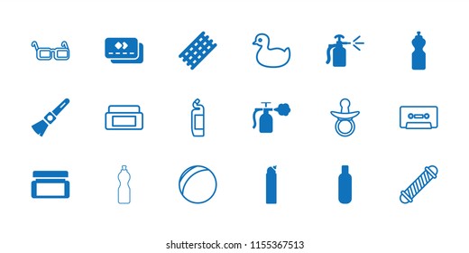 Plastic icon. collection of 18 plastic filled and outline icons such as bottle, hair curler, cleanser, spray bottle, pacifier, duck. editable plastic icons for web and mobile.