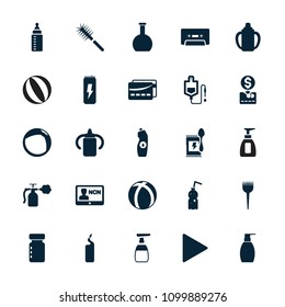 Plastic icon. collection of 25 plastic filled icons such as baby bottle, barber brush, bottle soap, drop counter, cassette, play. editable plastic icons for web and mobile.
