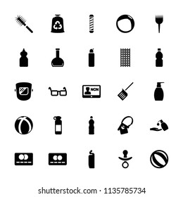 Plastic icon. collection of 25 plastic filled icons such as bottle soap, cleanser, liquid soap, beach ball, bottle, glasses. editable plastic icons for web and mobile.
